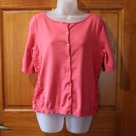 Talbots Coral Pink Floral Applique Cardigan Sweater Y2K Layering Large - Picture 2 of 12